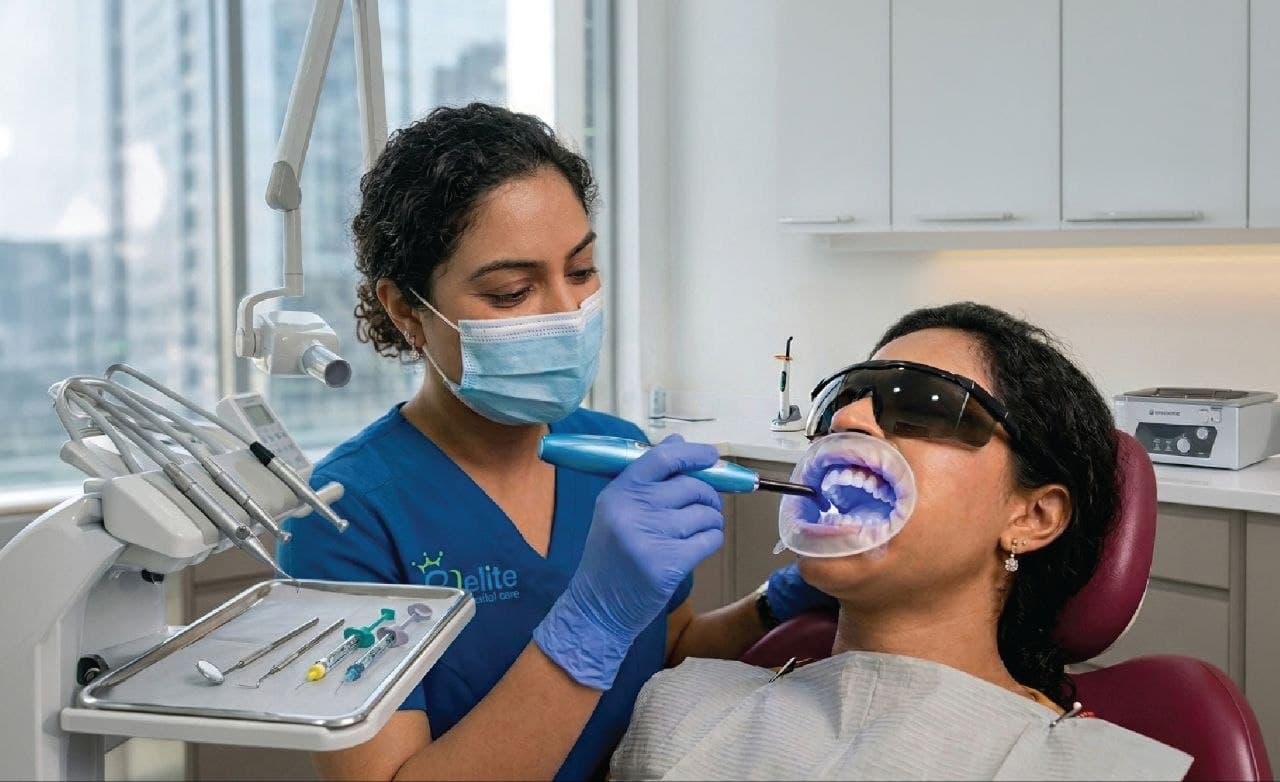 Dentist whitening the teeth